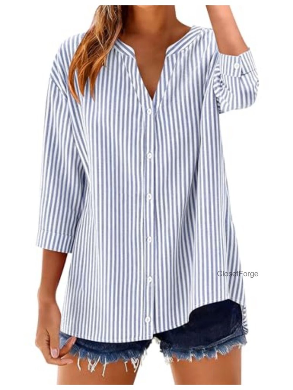 Women's 3/4 Sleeve Cotton Button Down Shirt Gingham Striped Blouse